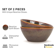 Ceramic Serving Medium Bowls Set Of 2 Pieces - 850ml Each, Brown Reactive | Premium Ceramic Bowls - Medium Size | Microwave Safe Bowls - Bowl Sets With Glossy Finish | Ceramic Bowls