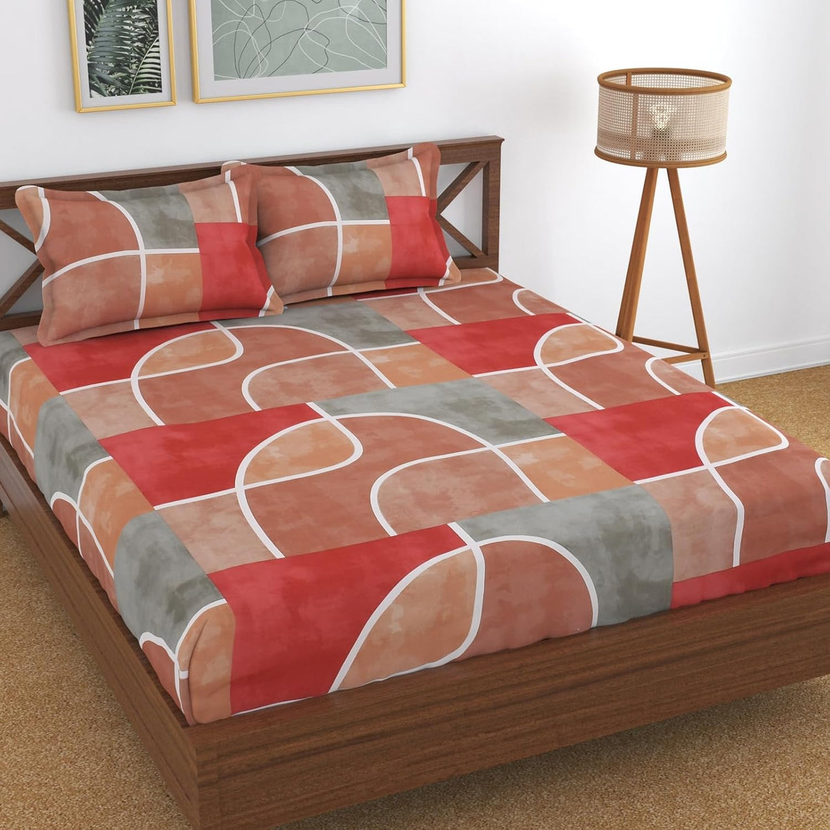 Elastic Fitted Printed King Size Double Bedsheet With 2 Pillow Cover | 72 X 78 X 6 Inches, Brown & Red | 100% Pure Super Soft Glace Cotton With 210 Thread Count