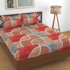 Elastic Fitted Printed King Size Double Bedsheet With 2 Pillow Cover | 72 X 78 X 6 Inches, Brown & Red | 100% Pure Super Soft Glace Cotton With 210 Thread Count