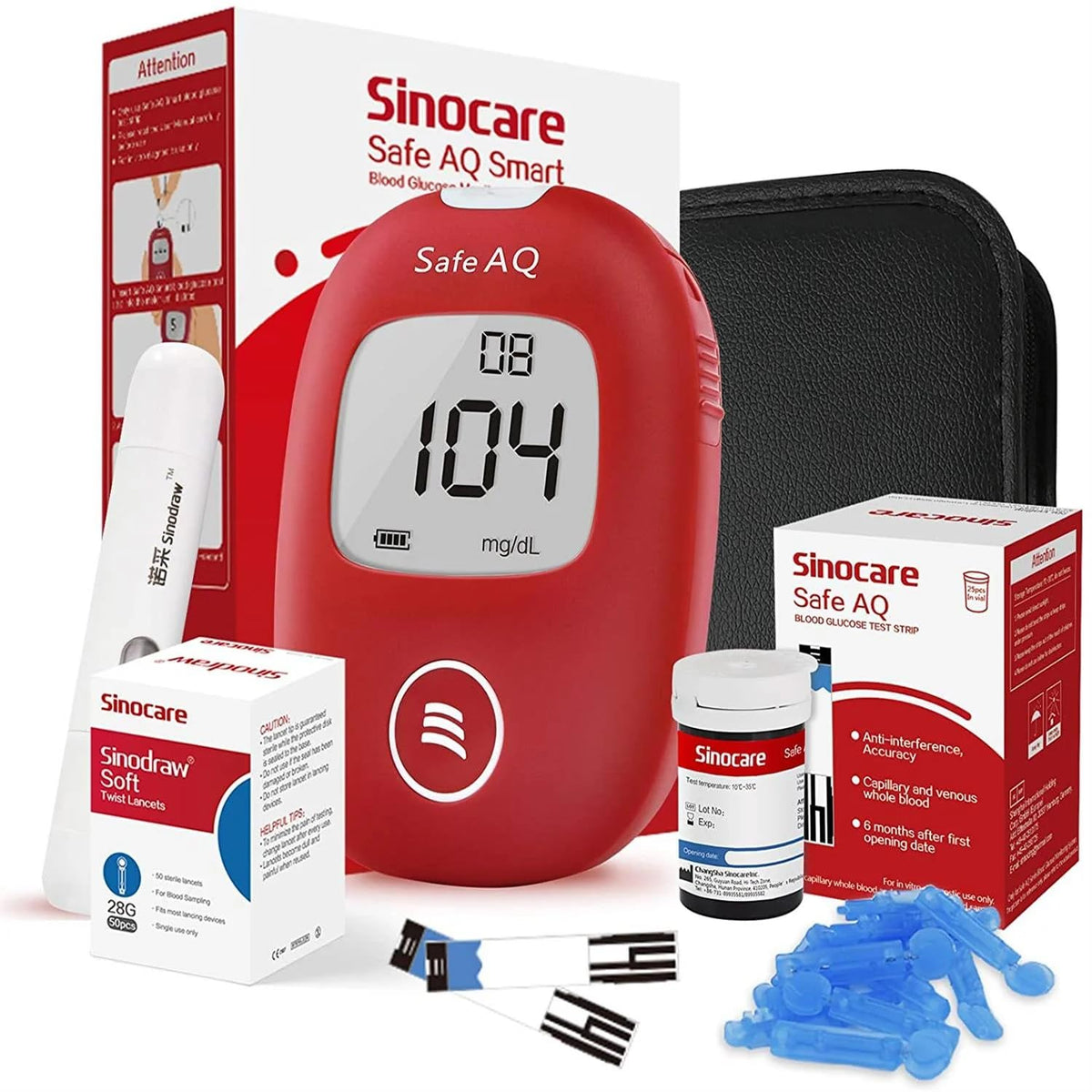 Sinocare Safe AQ Smart Blood Glucose Monitor/Machine - With 10 Strips & Lancets, One Lancet Device | No Coding, Measurements Of Blood Sugar/Diabetes Levels Are Fast, Accurate & Reliable