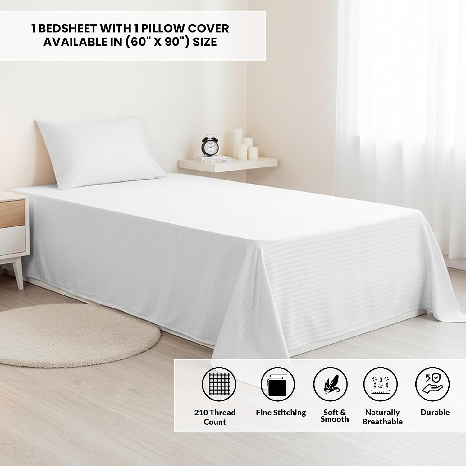 Soft Cotton Single Bedsheet With 1 Piece Pillow Cover - 60 X 90 Inches, White | Lightweight, Breathable & Easy To Maintain Bedsheet