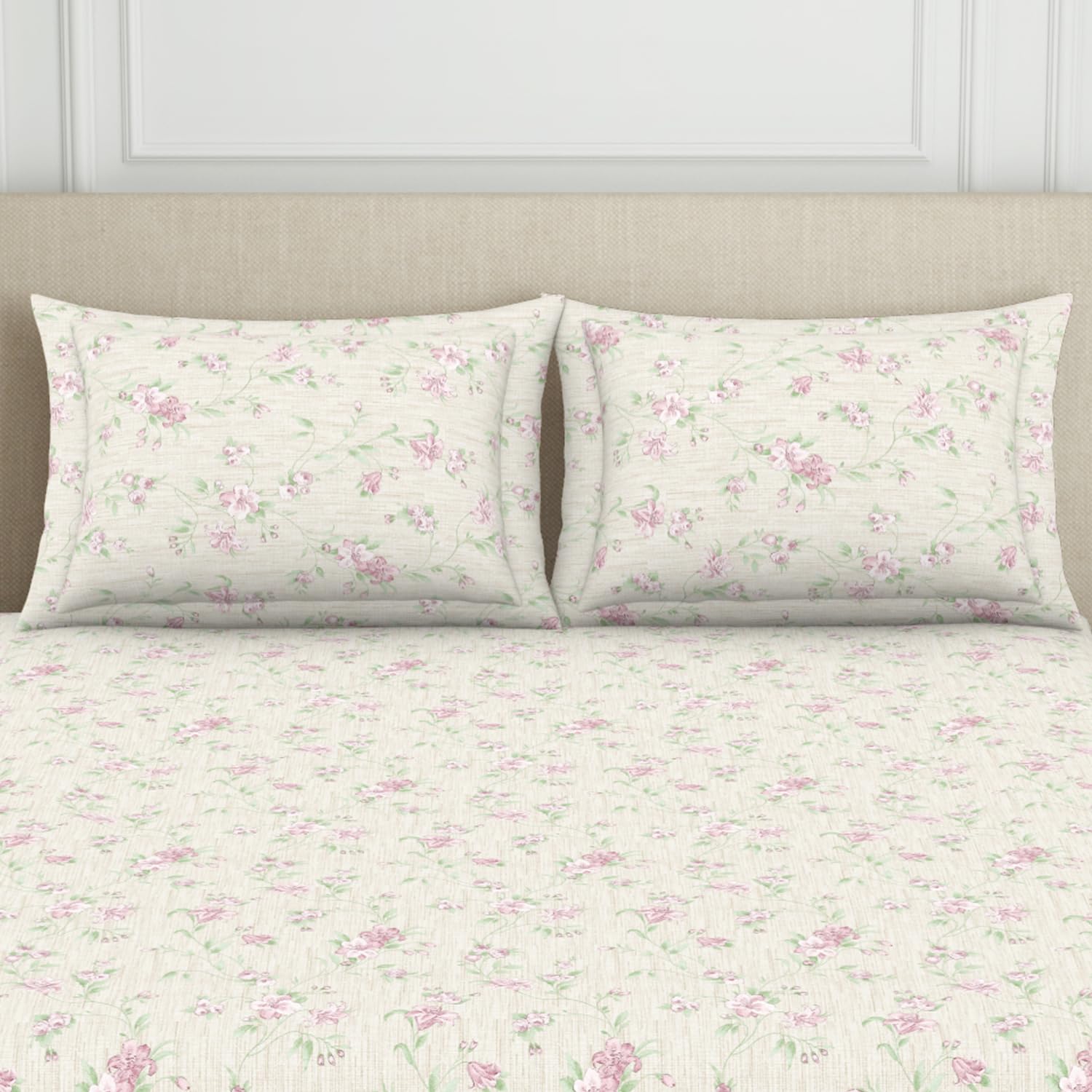 King Size Double Bedsheet 2 Matching Pillow Cover - 108 X 108 Inches, Beige | Durable & Long Lasting Wrinkle Resistant Fabric - All Season Comfort