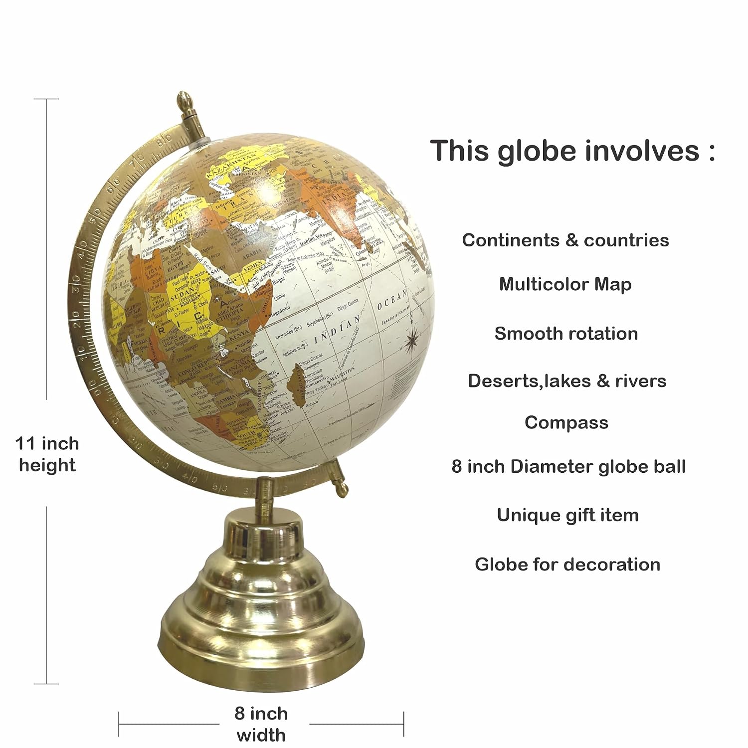 Rotating Globe With Gold Metal Arc & Sturdy Metal Base, Learning With This Antique-Style Globe, For Students, Pack Of 1