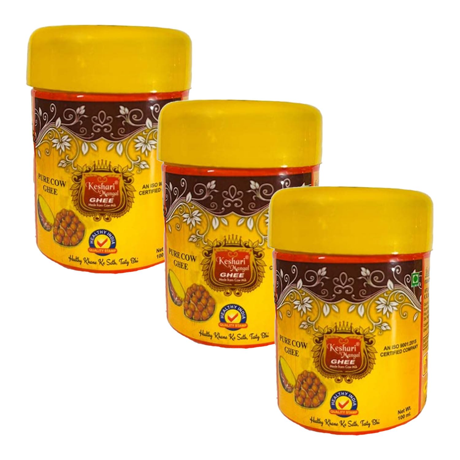 Premium Natural Cow Desi Ghee By Keshari Mangal | Highly In Nutritious Helps Keep Your Heart Healthy Desi Cow Ghee | 300ml (100ml * 3) 10.1 Ounce | Jar Pack
