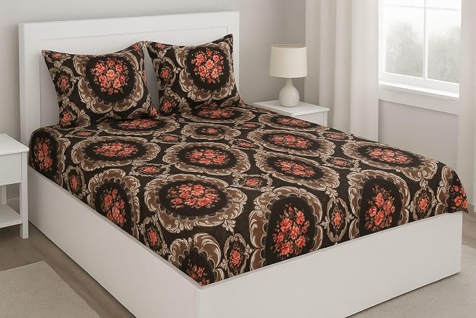 Microfiber Printed Double Bedsheet With 2 King Size Pillow Covers Breathable - Size 90 X 100 Inches, Multicolor Bedsheet | 144 TC Microfibre Double Bedsheet
