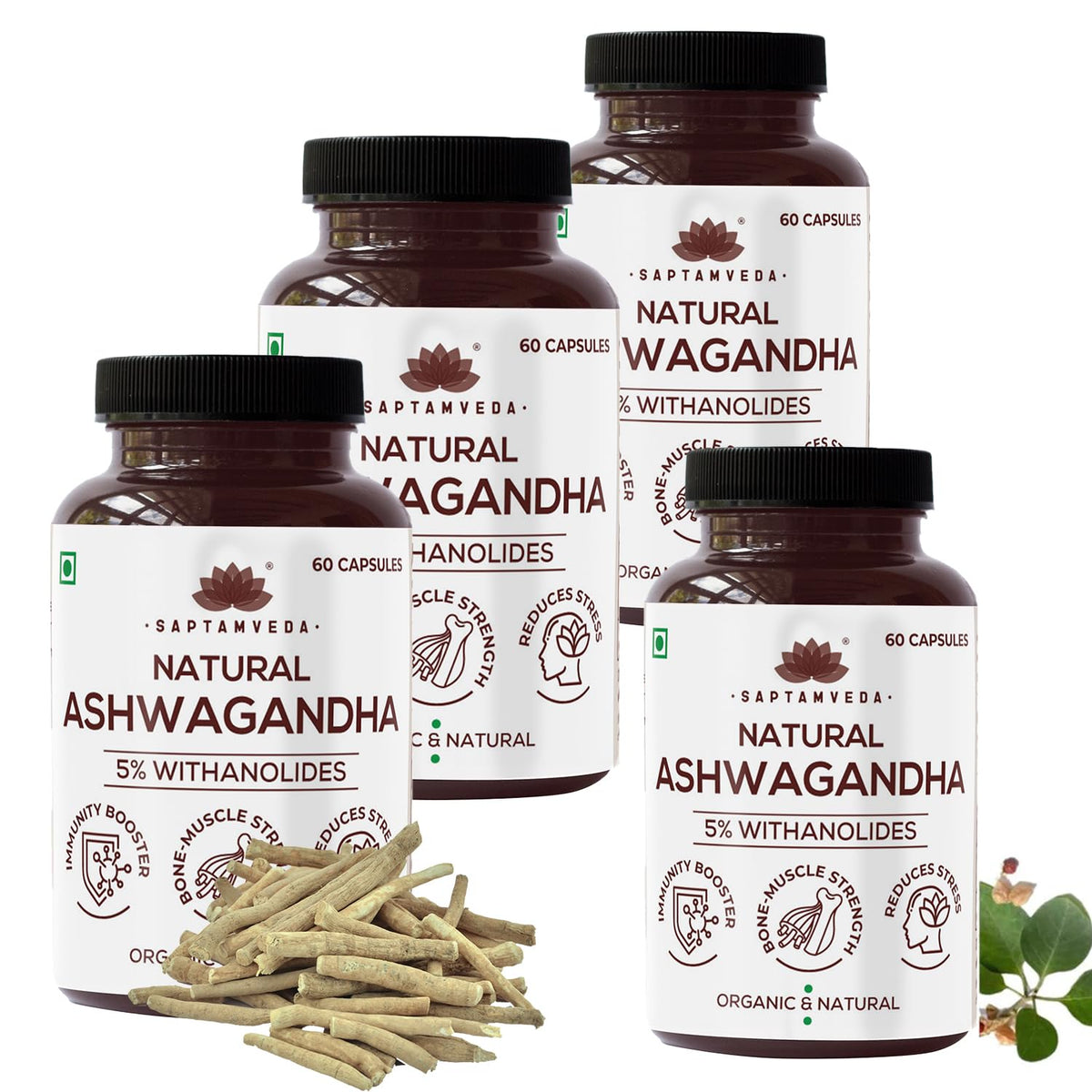 Saptamveda Natural Ashwagandha, Helps Manage Stress, Anxiety & Depression, Helps Improve Concentration | 60 Capsules 100gm 0.2lbs Each Pack Of 4