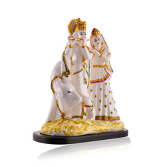 Radha Krishna Murti Idol, Radhe Krishna With Cow Statue, Marble, White Idol -11 Inch, All Occasions Statue, For Pooja Room, Wedding Gift, Home Decorative Item Showpiece