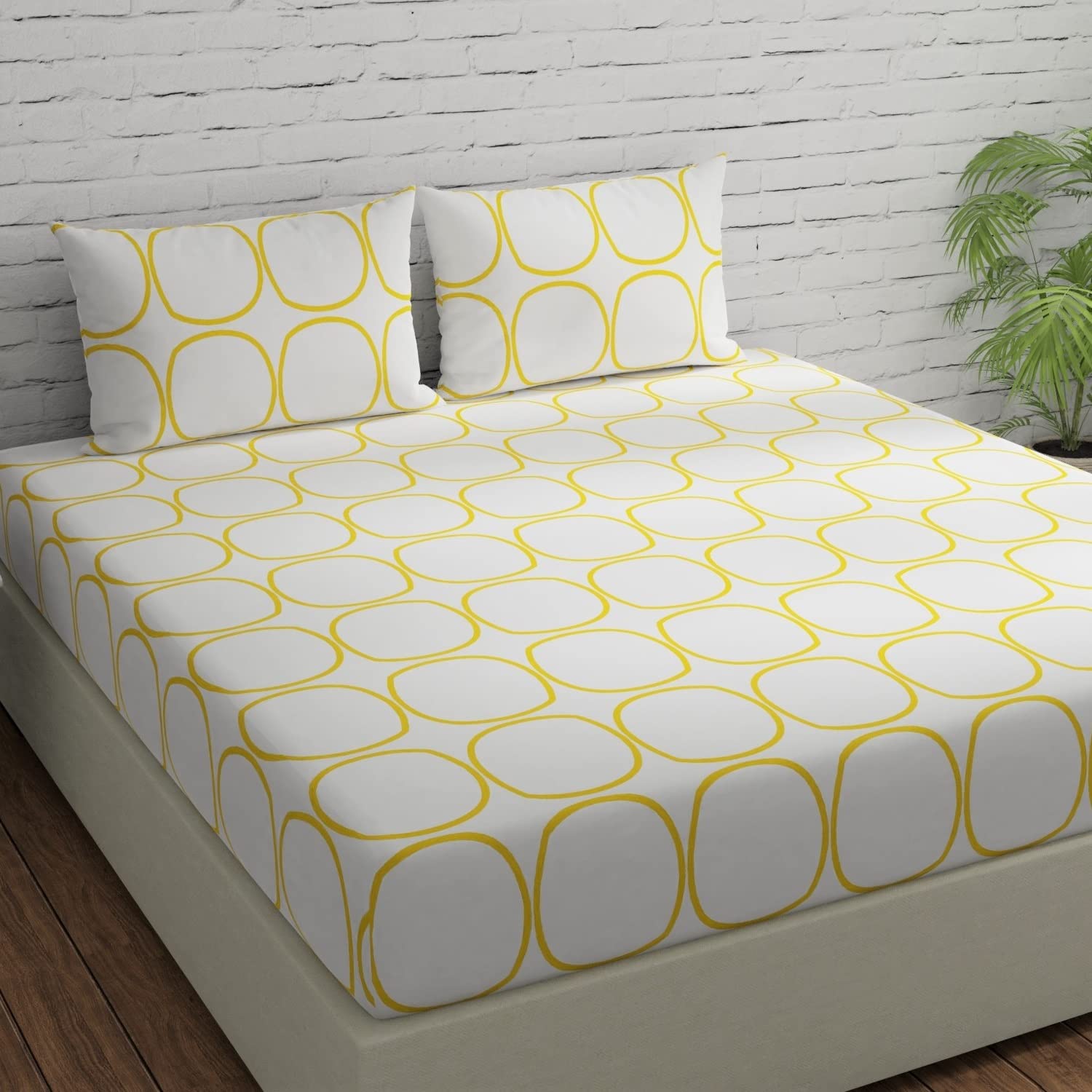 Bedsheet For Double Bed King Size With 2 Pillow Covers - 108 X 108 Inches, White & Yellow | Beautiful Bedsheets Are Perfect Gifting For Festivals