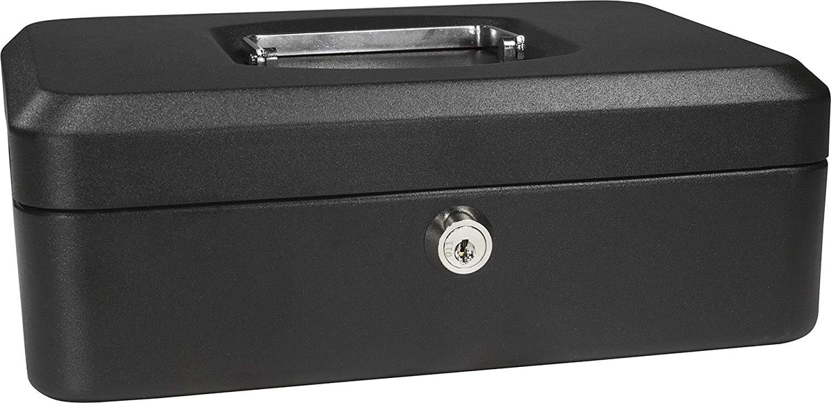 8 Inch Petty Cash Box With Combination Number Lock & Removable 5 Section Coin Tray Perfect Secure Storage For Loose Change, Colour - Black