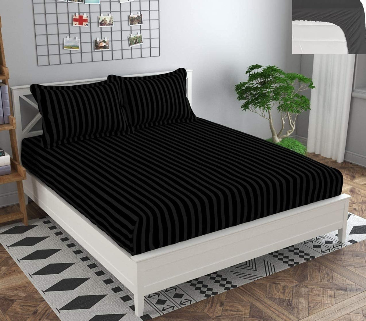 Striped Double Bedsheet With 2 Pillow Cover - 72 X 78 X 6 Inches, Black | All Around Elastic Fitted Bedsheet | Super Soft Polycotton With 200 Thread Count