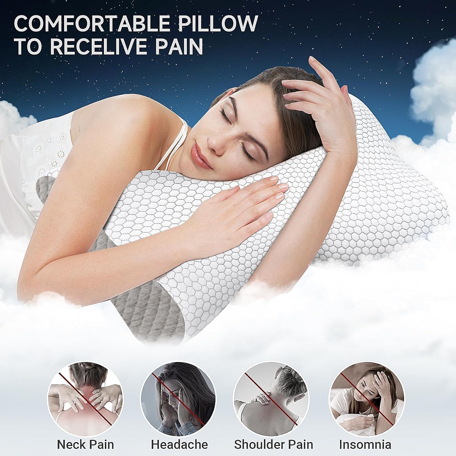 Memory Foam Pillow, Contour Cervical Orthopedic Pillow - White & Dark Grey | For Neck Pain & Shoulder Pain | Ergonomic Cervical Pillow, Neck Support Pillow For Back, Side, Adjustable Pillow