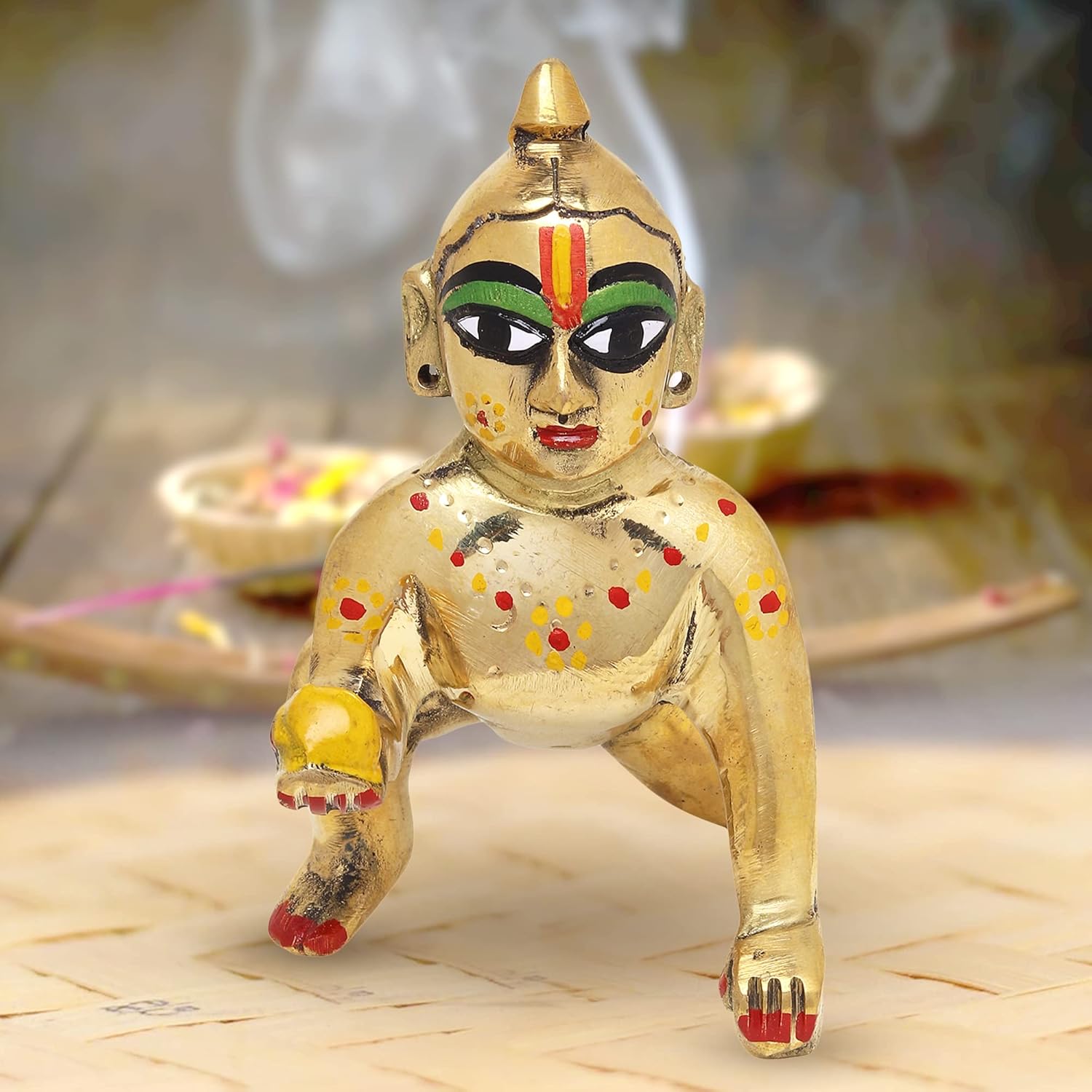 Laddu Bal Gopal Idol - Little Krishna Idol, Golden, Brass Idol, Medium Size, Makhan Chor Idol - Kanha Ji Ki Murti For Pooja Room, Golden Handmade Statue | All Occasion, Thakur Ji Idol