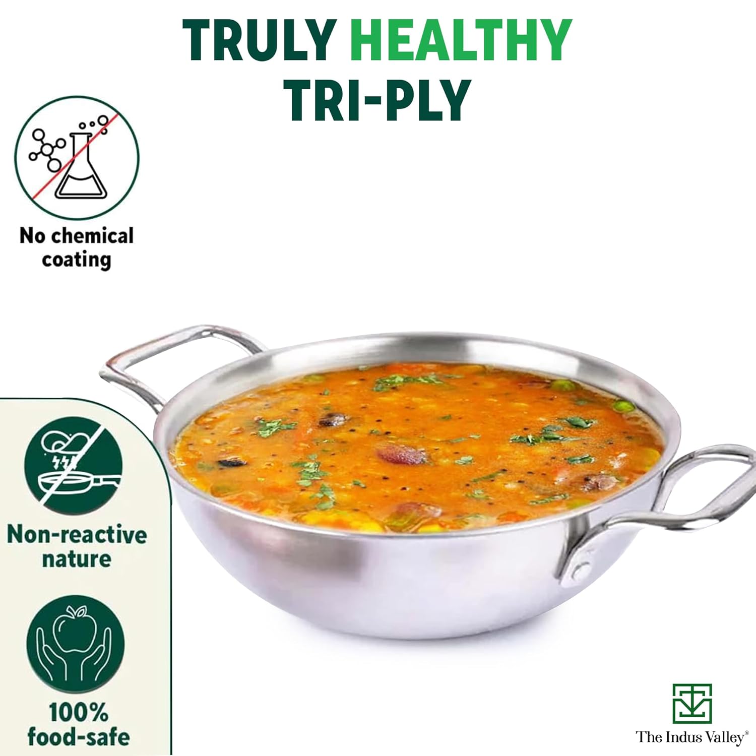 Triply Stainless Steel Kadai Or Kadhai With Free Wooden Spatula For 1-2 People - Very Small, 20.3cm, 8 Inch, 1.7 Liters, 1kg | Induction Friendly, Nonstick 3-Layer Body, No Chemical Coating