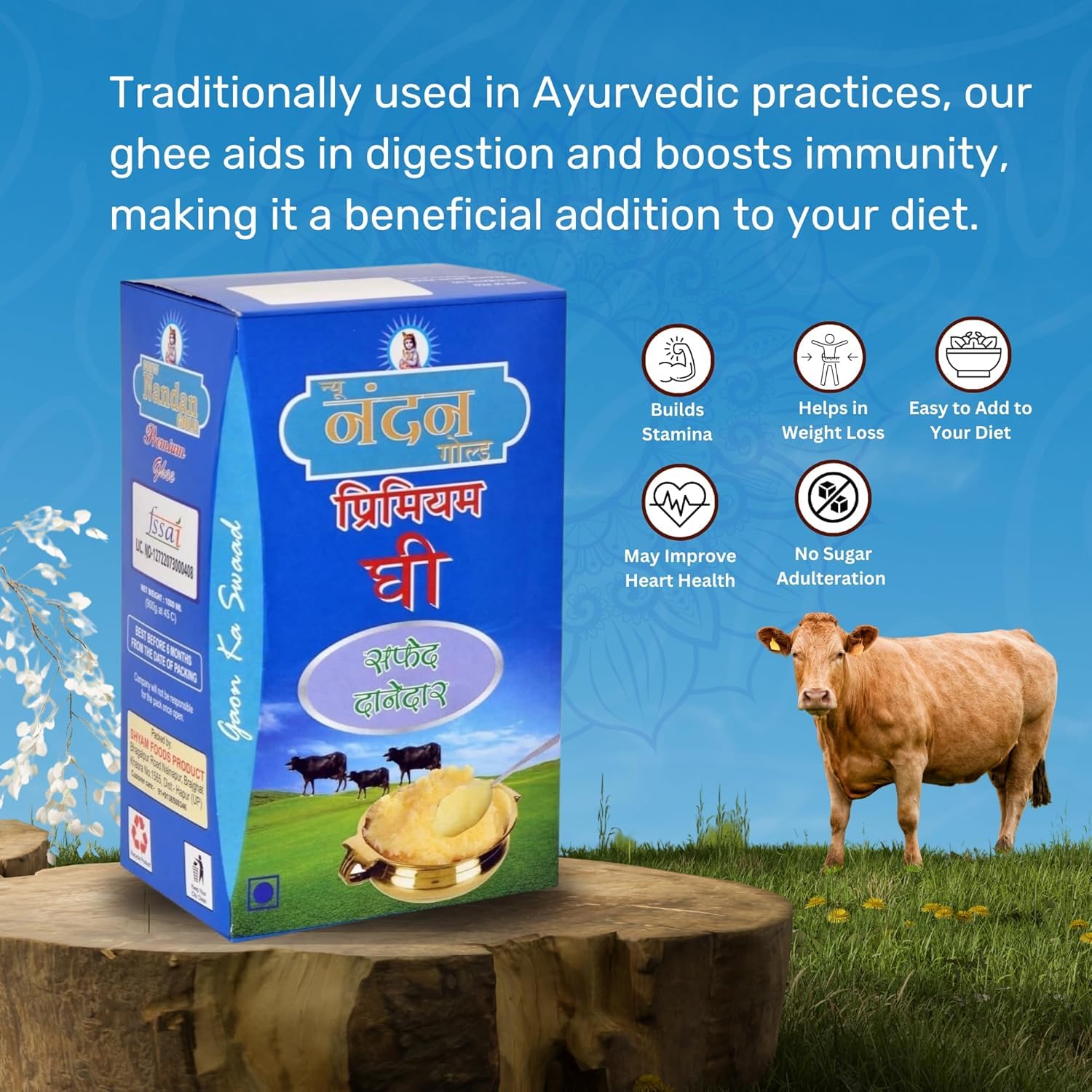 Organic Cow Ghee By New Nandan Gold | Rich Aromatic & Nutritious Indian Cow Ghee Perfect For Cooking | 5 Litre (1 Litr * 5) 169.0 Ounce | Box Pack