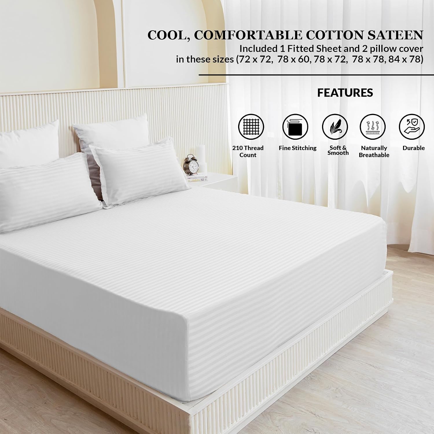 210 TC Cotton Double Bed Fitted Bedsheets With 2 Pillow Cases - 78 X 72 Inches, White | Satin Stripes Wrinkle Free | Comfortable Fabric Bedsheet