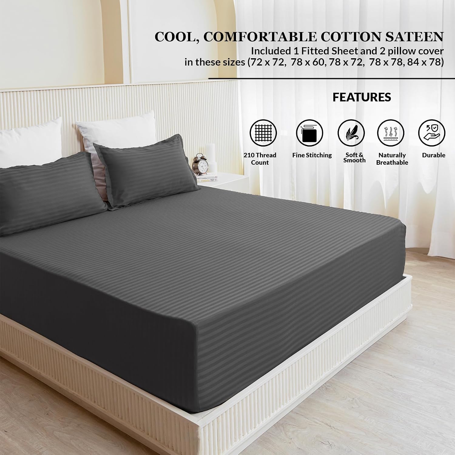 210 TC Cotton Double Bed Fitted Bedsheets With 2 Pillow Cases - 78 X 72 Inches, Grey | Satin Stripes Wrinkle Free | Comfortable Fabric Bedsheet