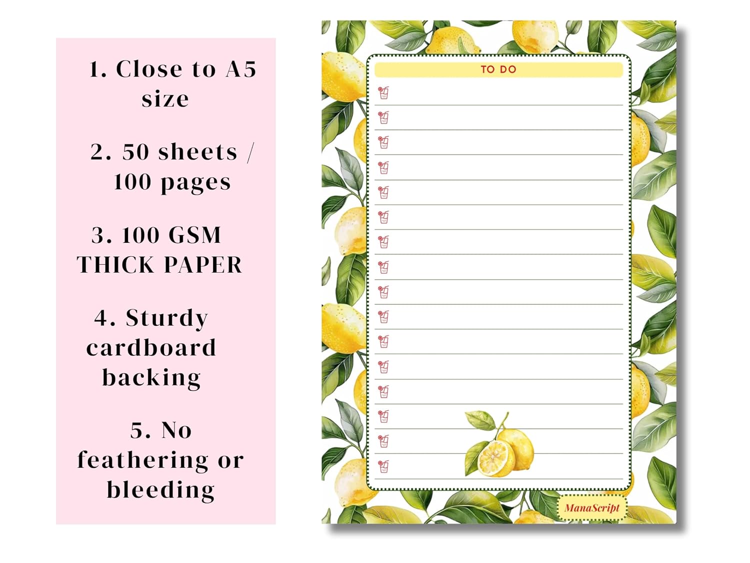 A5 Notes/To Do List Notepad, Beautiful Checklist Pad, Tear-Off Sheets (Lemon, Green) Pack Of 1