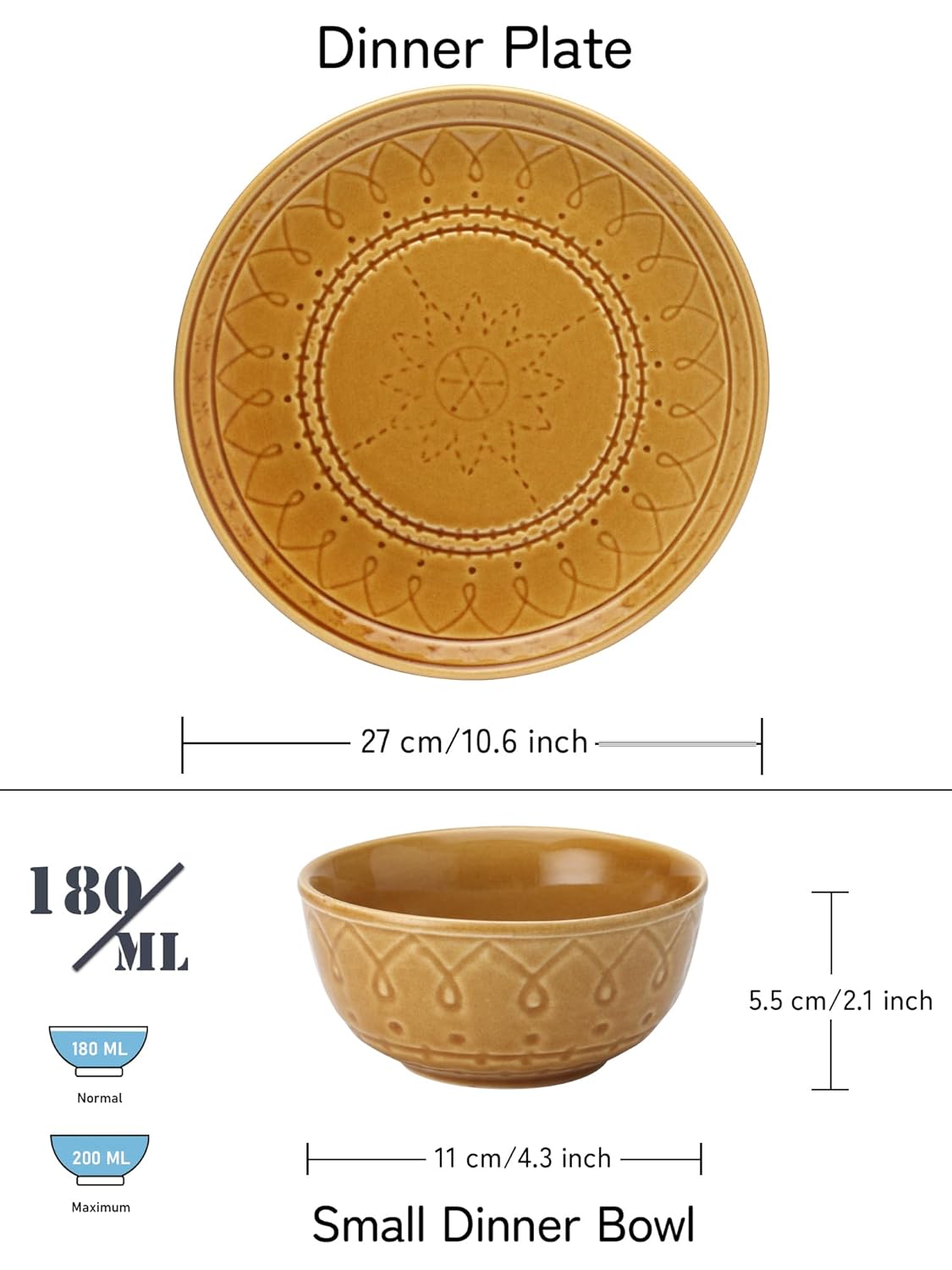 Handcrafted Stoneware Embossed Dinner Set Of 4 - Ceramic Pack Of 8 Pcs, Golden Brown | 4 Dinner Plates + 4 Bowl Or Katoris, 180ml Each - Microwave & Dishwasher Safe | Serving For 4