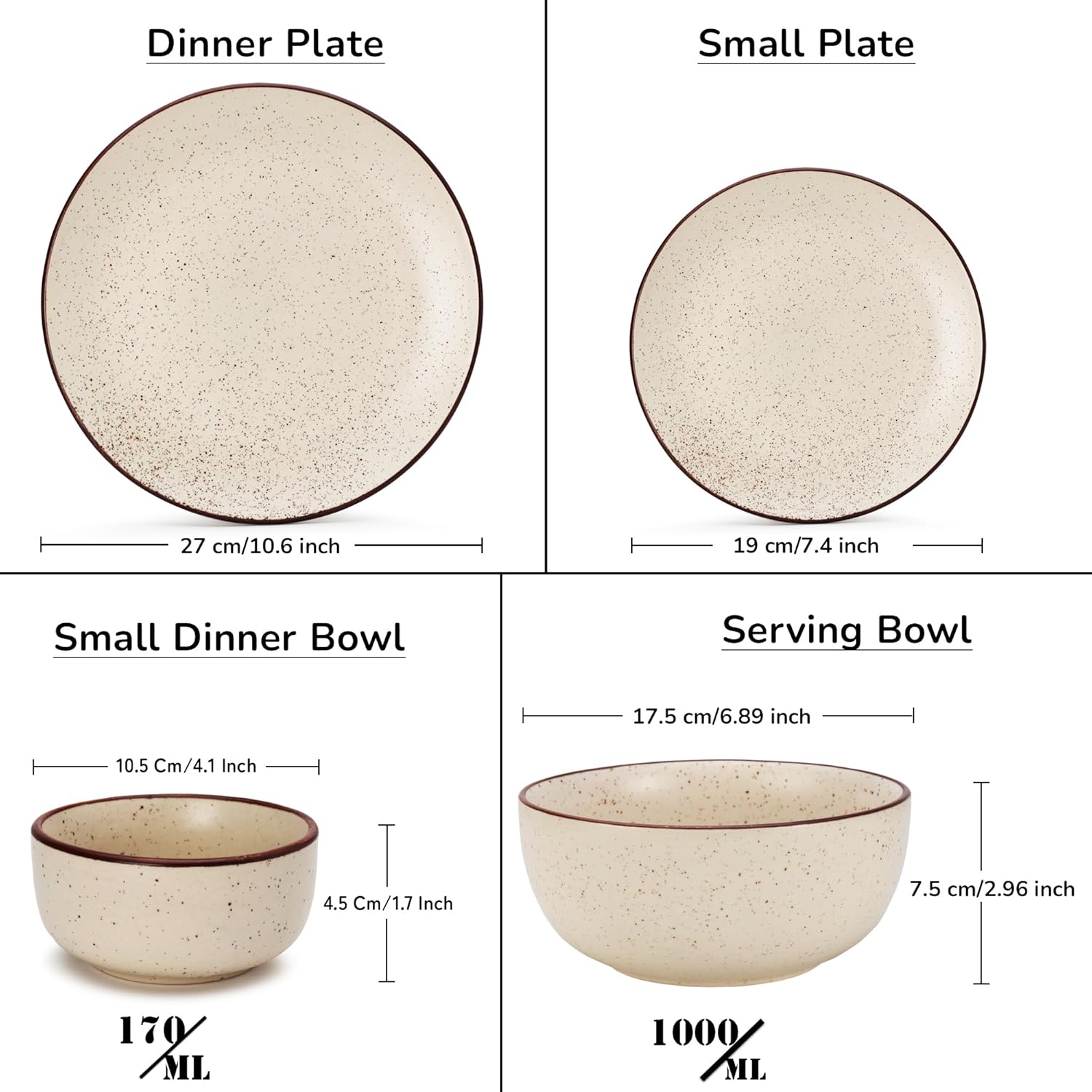 Handcrafted Ceramic Stoneware Dinner Set Of 14 Pieces With Serving Bowls Set - Beige Speckled | 4 Dinner Plates + 4 Small Plates + 4 Small Dinner Bowl, 170ml Each+ 2 Serving Bowl, 1000ml Each