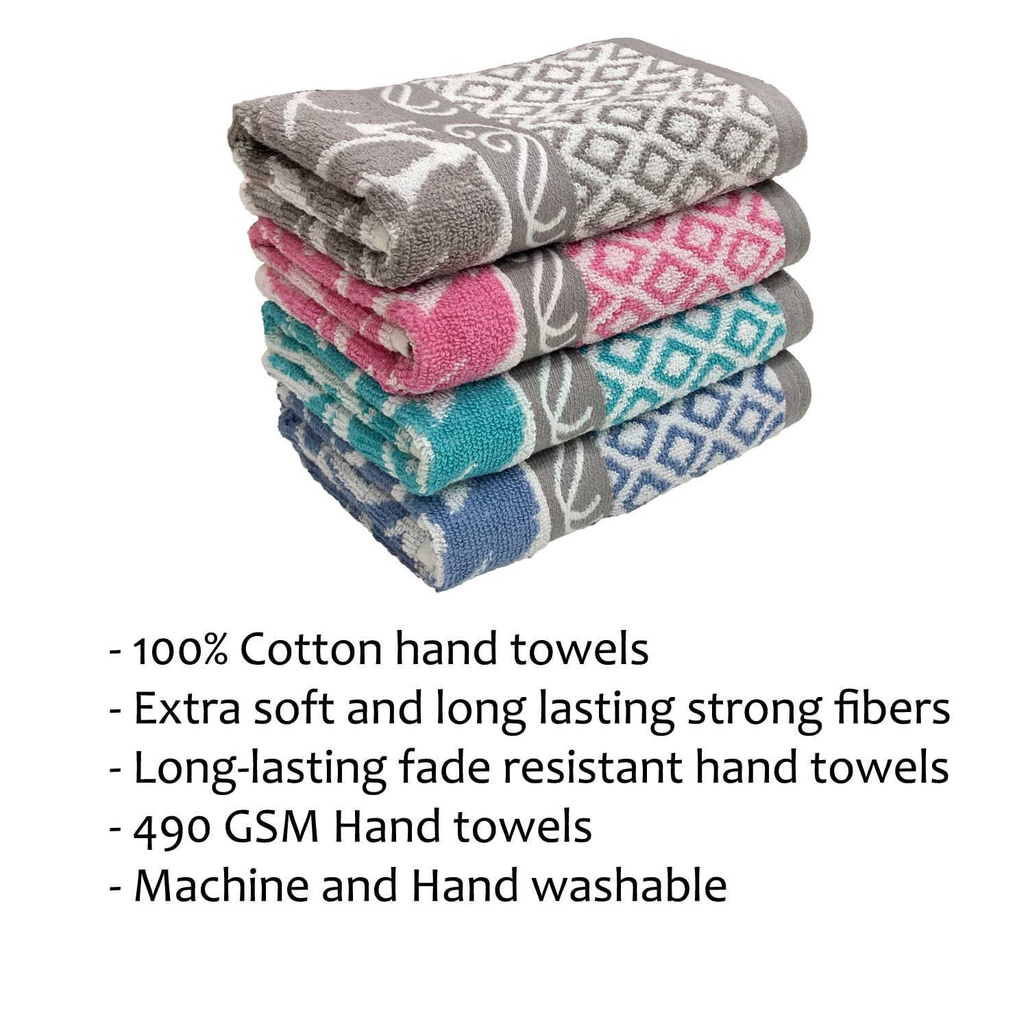 Stamio Cotton Hand Towels 490 Gsm | Towel For Men & Women Home Kitchen Use, Gym, Wash Basin, Sports, Travel | Jacquard Towel Multicolor (Set Of 4)