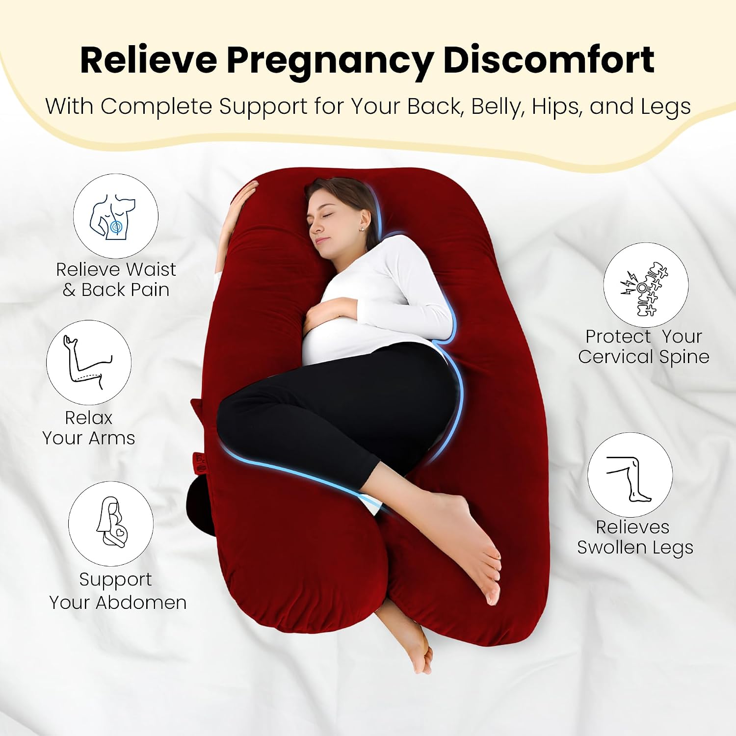 U Shape Full Body Pillow, Pregnancy Pillows For Sleeping, Maroon Color | Maternity Pillows For Back, Hips, Legs, Belly | For Pregnant Women With Removable, Washable Velvet Cover, Adjustable