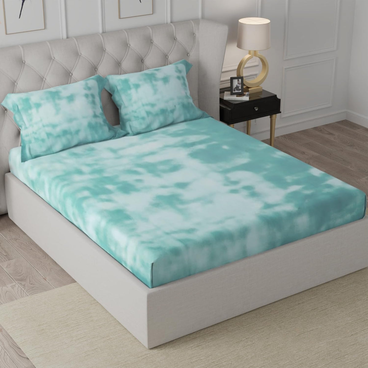 Cotton Elastic Fitted Double Bedsheet For King Size With 2 Pillow Covers - 78 X 72 + 8 Inches, White & Seafoam | Soft Wrinkle Free & Breathable Elastic Bedsheets For King Size Bed