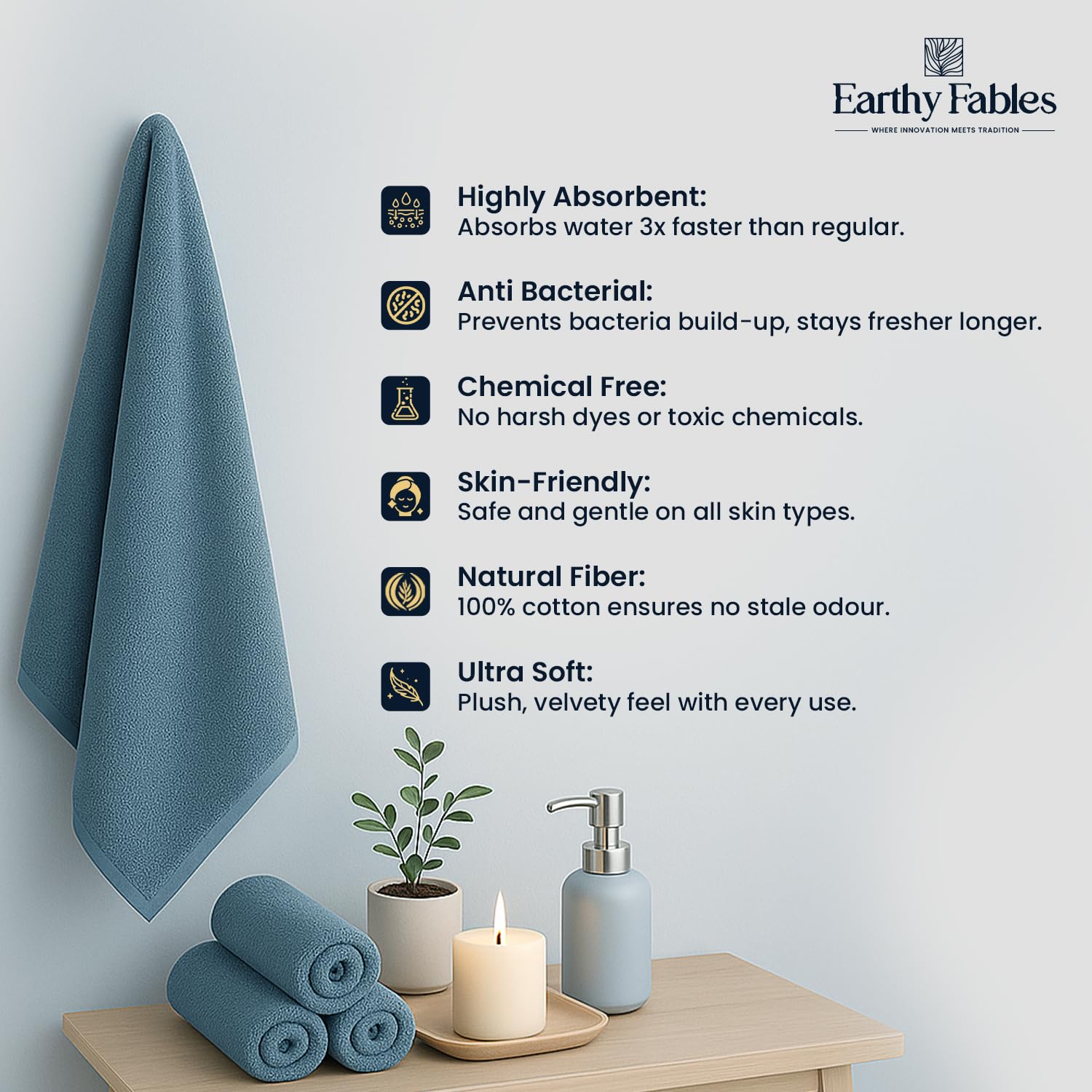 Earthy Fables Premium Bath Towel 600 Gsm | 100% Combed Cotton Ultra Soft, Quick Dry & Highly Absorbent For Home, Travel And Acne-Prone Skin (Aqua) Set Of 2