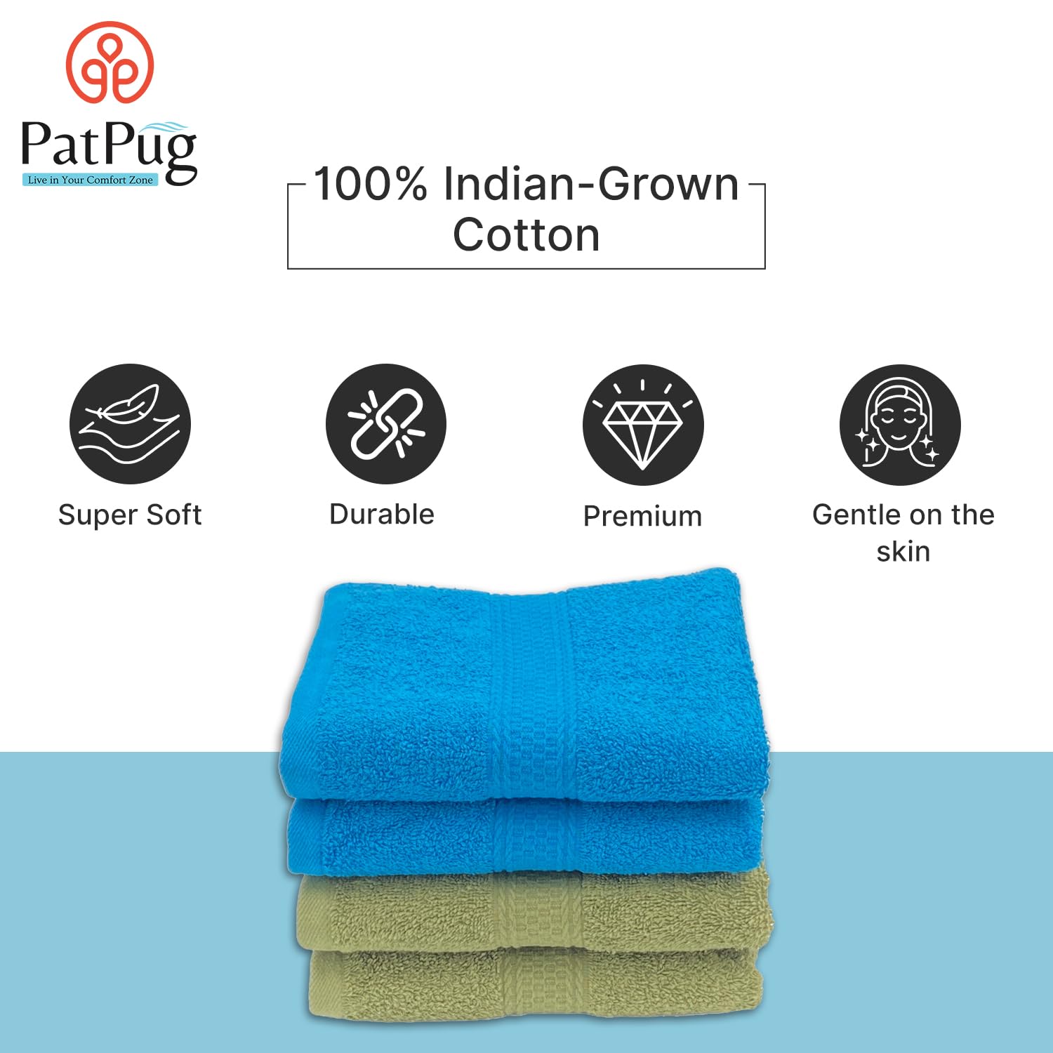 Patpug 100% Indian Ultra Soft Cotton Hand Towel 500 Gsm | For Gym, Workout, Yoga, Wash Basin (Olive Green & Turquoise Blue) -4 Piece