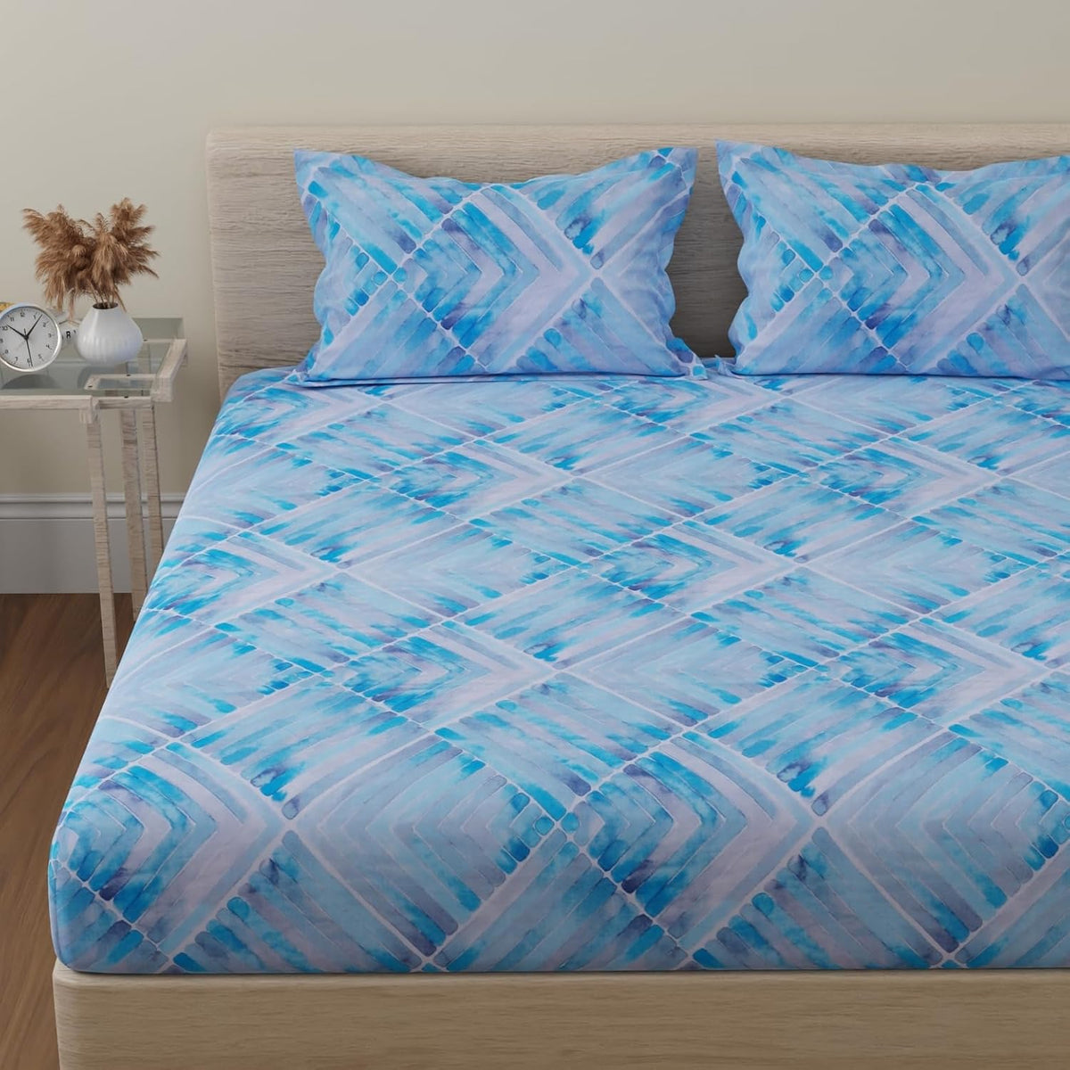 Flat 1 King Size Bedsheet With 2 Pillow Covers - 110 X 108 Inches, Grey & Blue | Soft & Comfortable Feel To Your Skin | Machine Wash In Cold Water