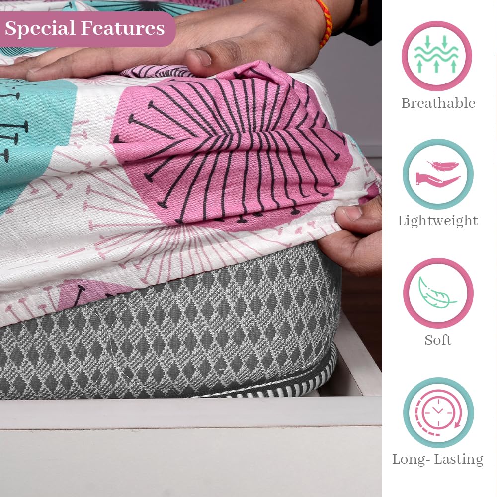 Printed King Size Double Bedsheet With 2 Pillow Cover For Bedroom | 72 X 78 + 9 Inches, Pink & White - All Around Elastic Fitted | Ideal For Everyday Use