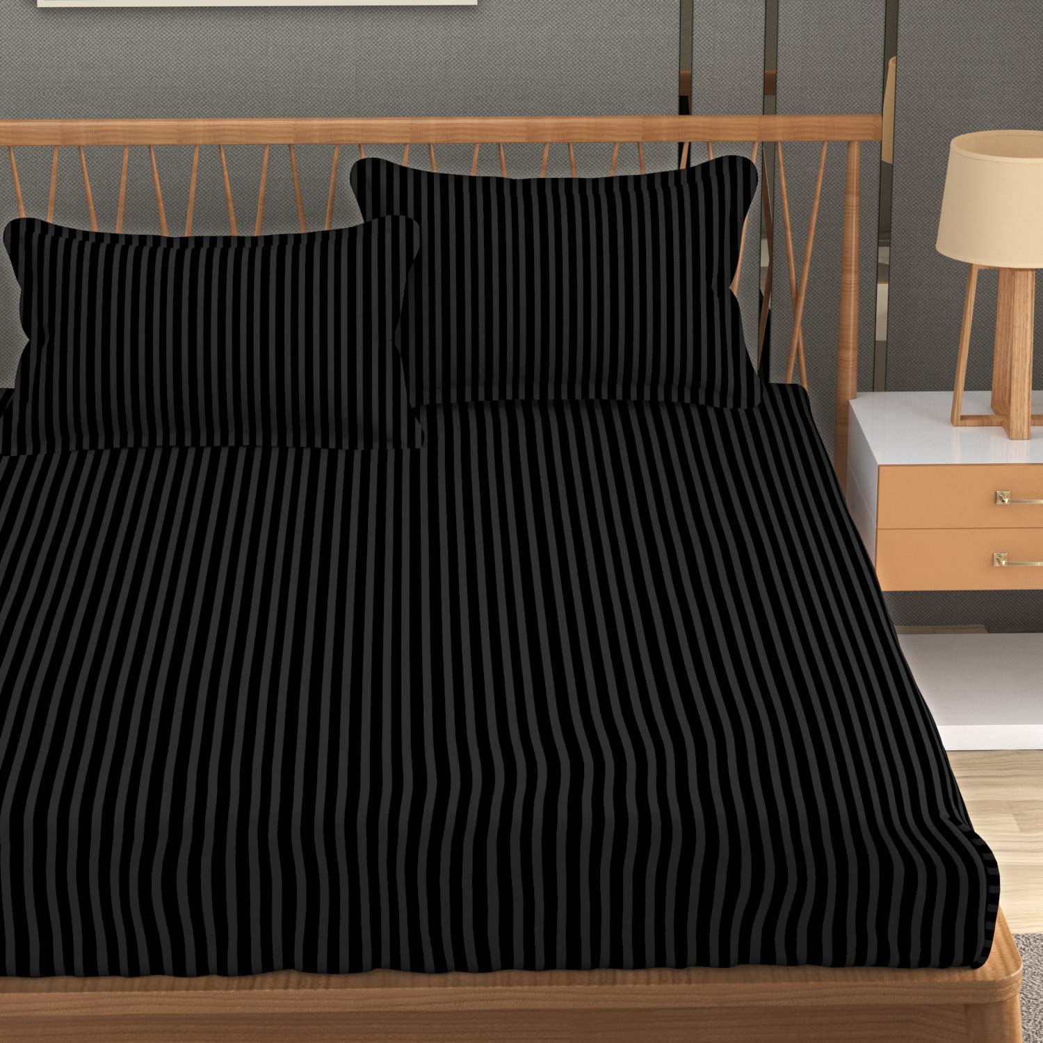 Stripe Glace Cotton 1 Double Bedsheet With 2 Pillow Cover - 91 X 90 Inches, Black | Fade Resistant & Durable Breathable & Wrinkle Free Bed Sheet