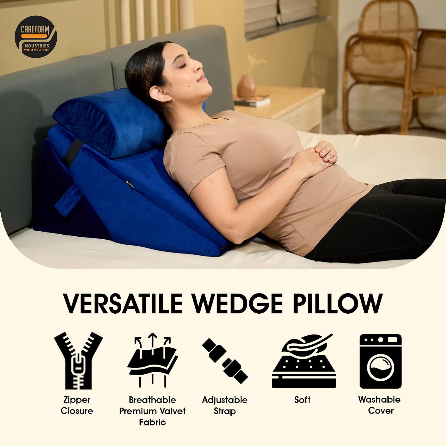 Wedge Pillow For Back Support, Adjustable Wedge Pillow With Headrest, Velvet Blue - 22 X 22 X 12 Inch | Memory Foam Bed Wedge Pillow For Sleeping | Acid Reflux, Gerd, Snoring, Resting