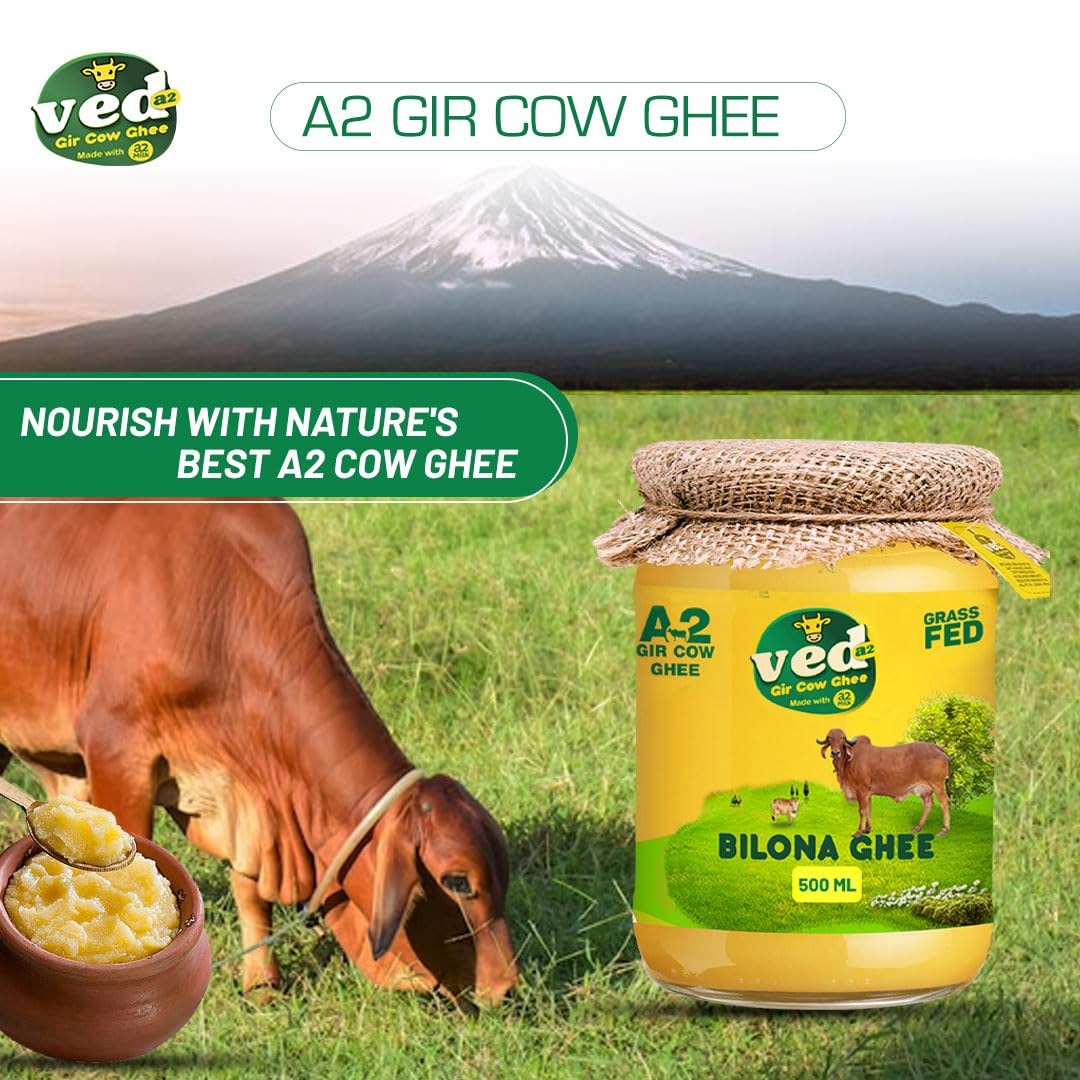 Pure Organic A2 Gir Cow Ghee By Ved-A2 | Traditional Bilona Method Healthy Desi Ghee Good For Parathe | (500ml) 16.9 Ounce | Jar Pack