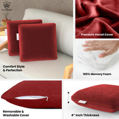 Memory Foam Square Cushion Pillow, For Car, Sofa & Diwan, Bed, Chair, Maroon - 14 X 14 X 4 Inch | Highly Durable, Hypoallergenic, Adjustable, Velvet Cover, Multipurpose Use - Pack Of 2