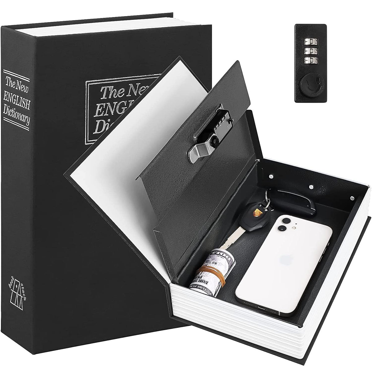 Alloy Steel Book Safe With Combination Lock, Dictionary Book Safe, Portable Safe Box, Great For Storing Cash, Jewellery, Kids, Money & Diamond Ring Small- 18*11.5*5.5 Cm, Colour - Black