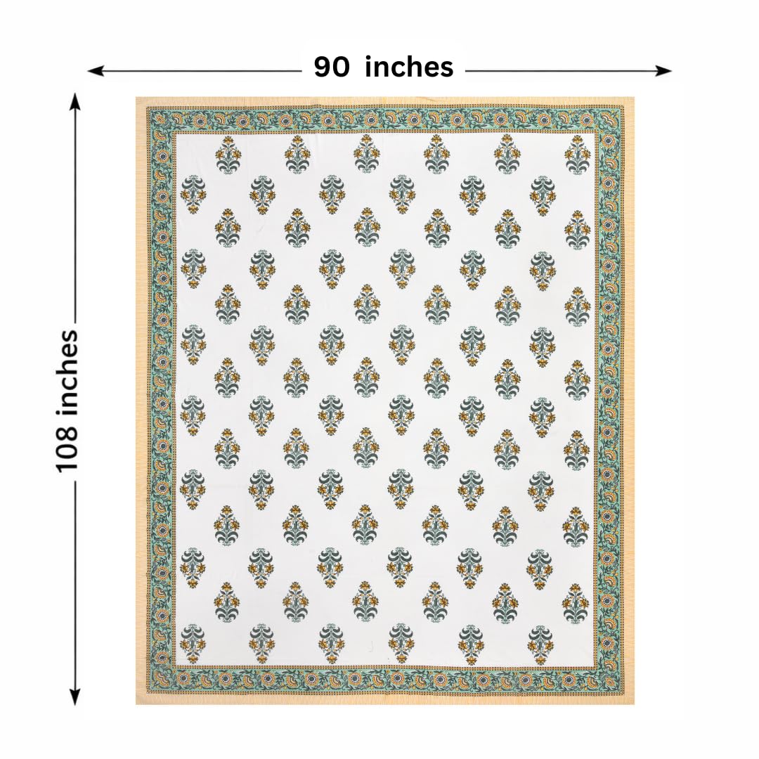 Hand Printed Cotton Bedsheet For King Size With 2 Pillow Covers | 93 X 108 Inches, White & Yellow | Ultra-Soft & Skin-Safe | Breathable Summer Comfort