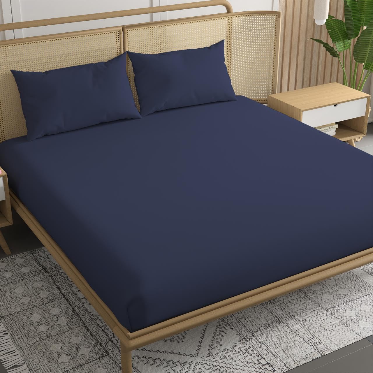Double Bedsheet For Queen Size With 2 Pillow Cover - 48 X 75 Inches, Mediterranean Blue | All Round Elastic Fitted Bedsheet | Soft, Breathable, Smooth & Luxurious Feel