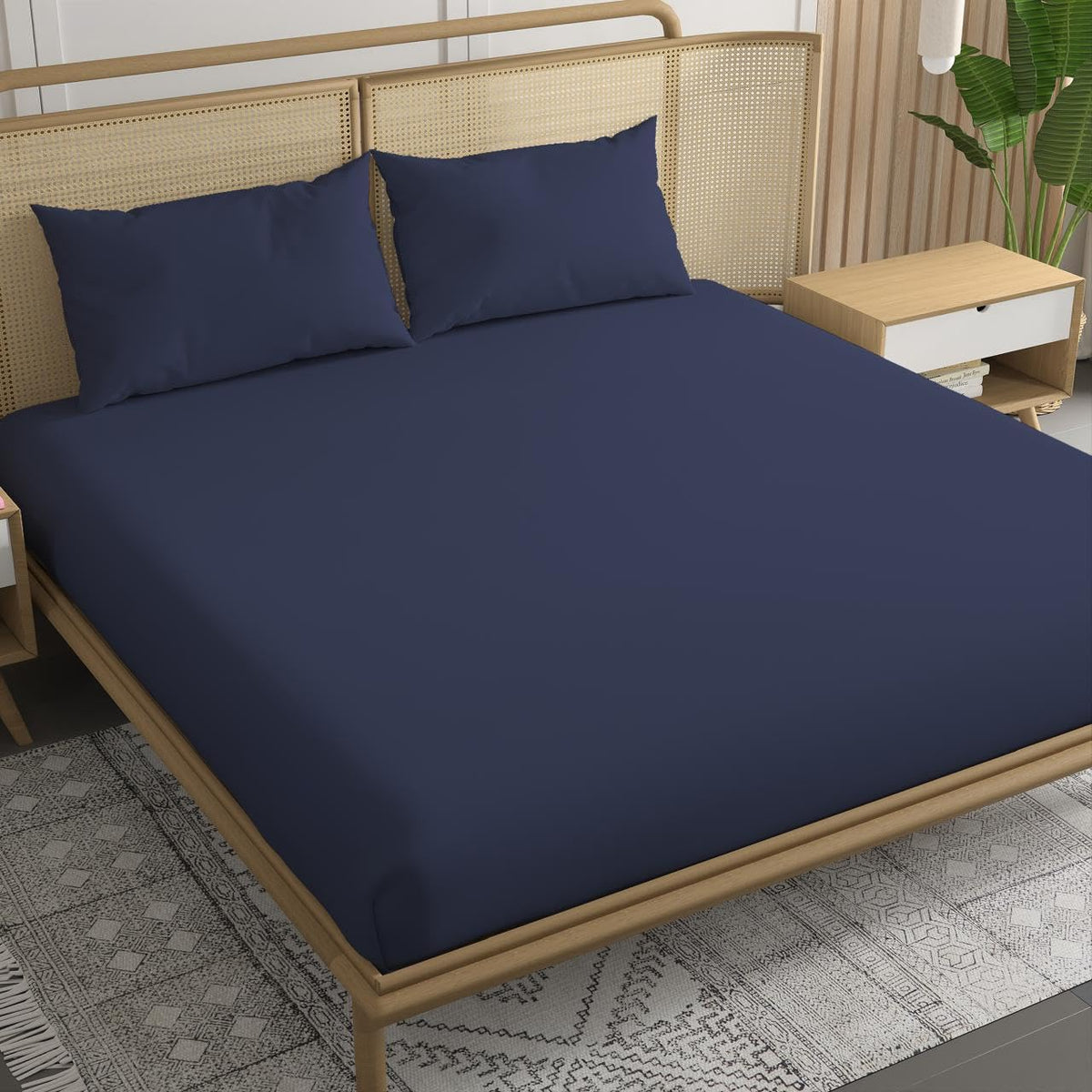 Double Bedsheet For Queen Size With 2 Pillow Cover (72 X 48 Inches, Mediterranean Blue) | All Round Elastic Fitted Bedsheet | Soft, Breathable, Smooth & Luxurious Feel