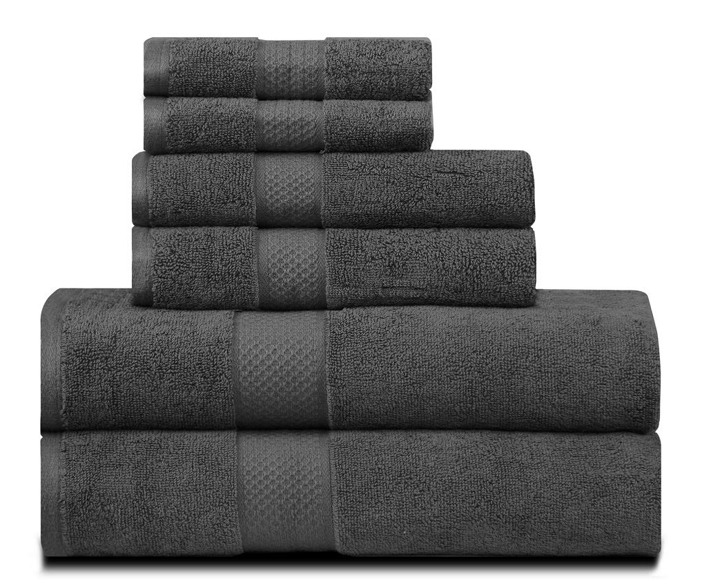 Divine Overseas Luxury Cotton Yarn Soft Extra Absorbent & Durable 2 Bath, 2 Hand & 2 Face Towel Set Gsm 1800 (Dark Grey) - Pack Of 6