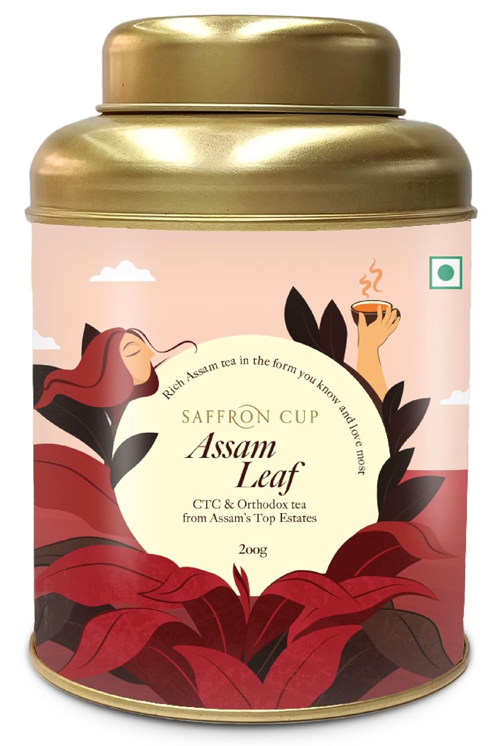 Saffron Cup Darjeeling Assam Leaf Black Tea - 200gm Tin, 7.05 Ounce | 100% Natural, Rich In Antioxidants - Promotes Heart Health & Supports Immune Function | Medium Caffeine