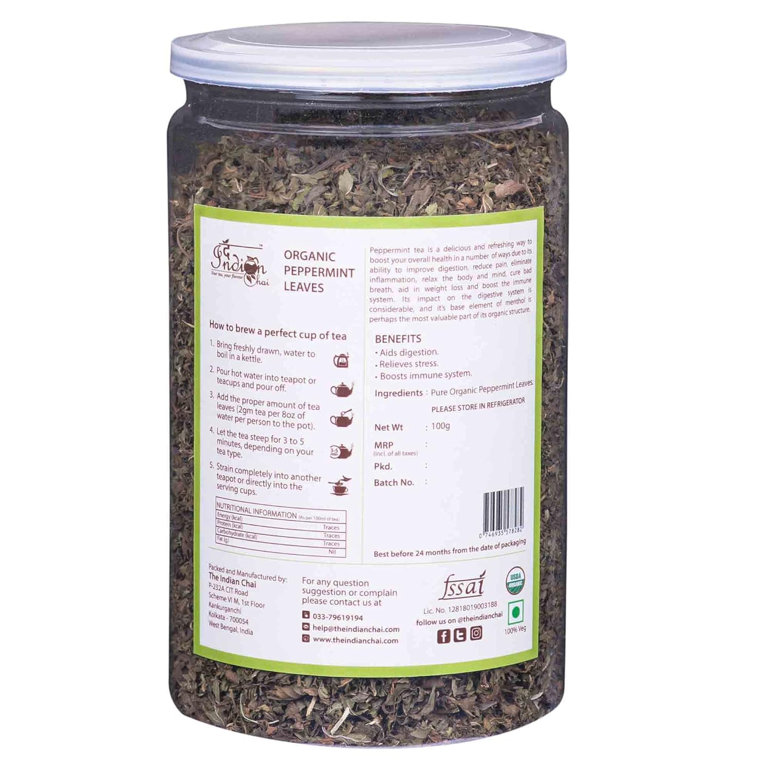 The Indian Chai Organic Peppermint Tea Leaves - 100gm, 3.5 Ounce | Loose Leaves Herbal Tea In Airtight Jar - Caffeine Free Green Tea