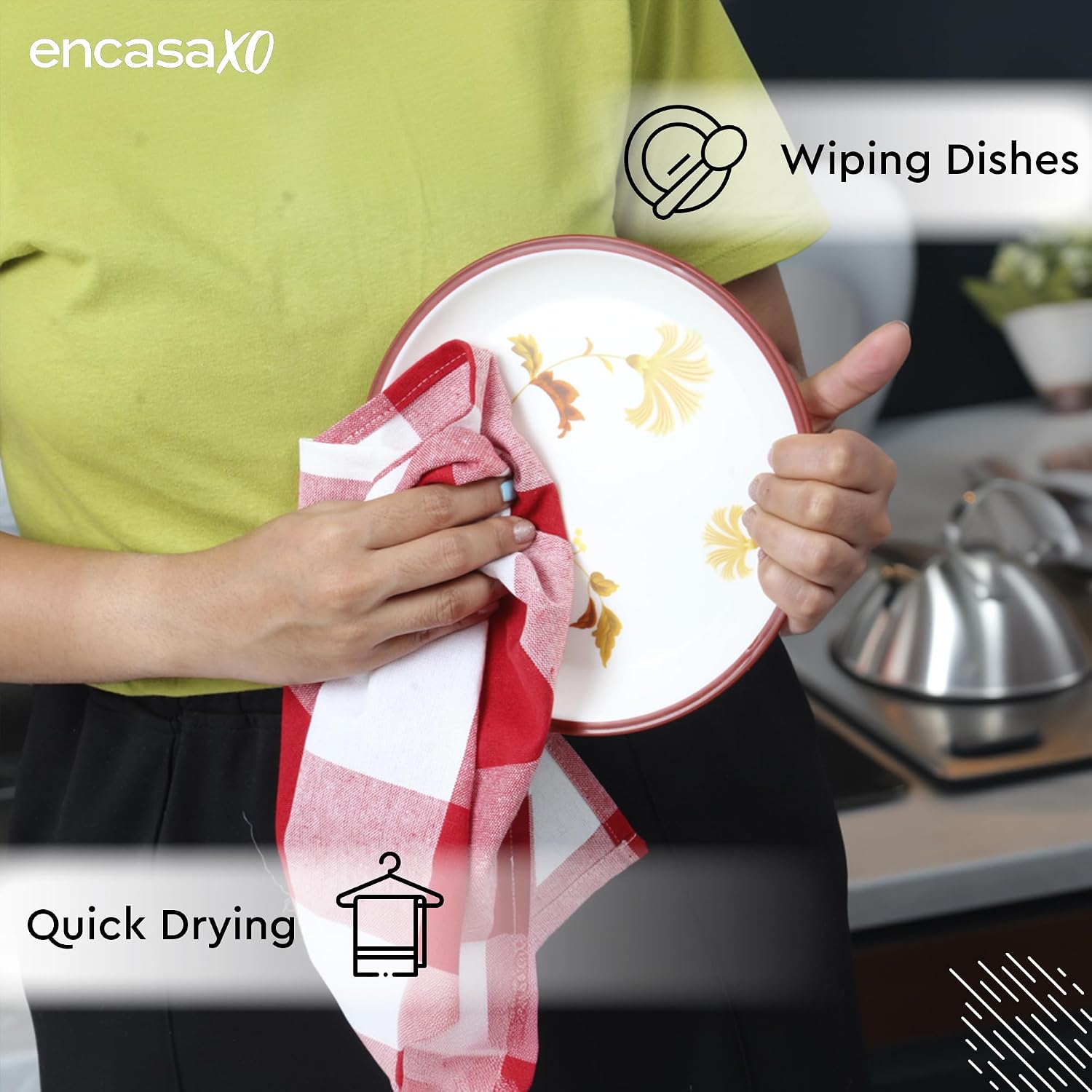 Encasa Xo Kitchen Cooking Cloth 340 Gsm | Cotton Hand Towel For Drying Dishes Highly Absorbent Cleaning & Quick Drying Of Plates | Buffalo Red Checks (Set Of 4)