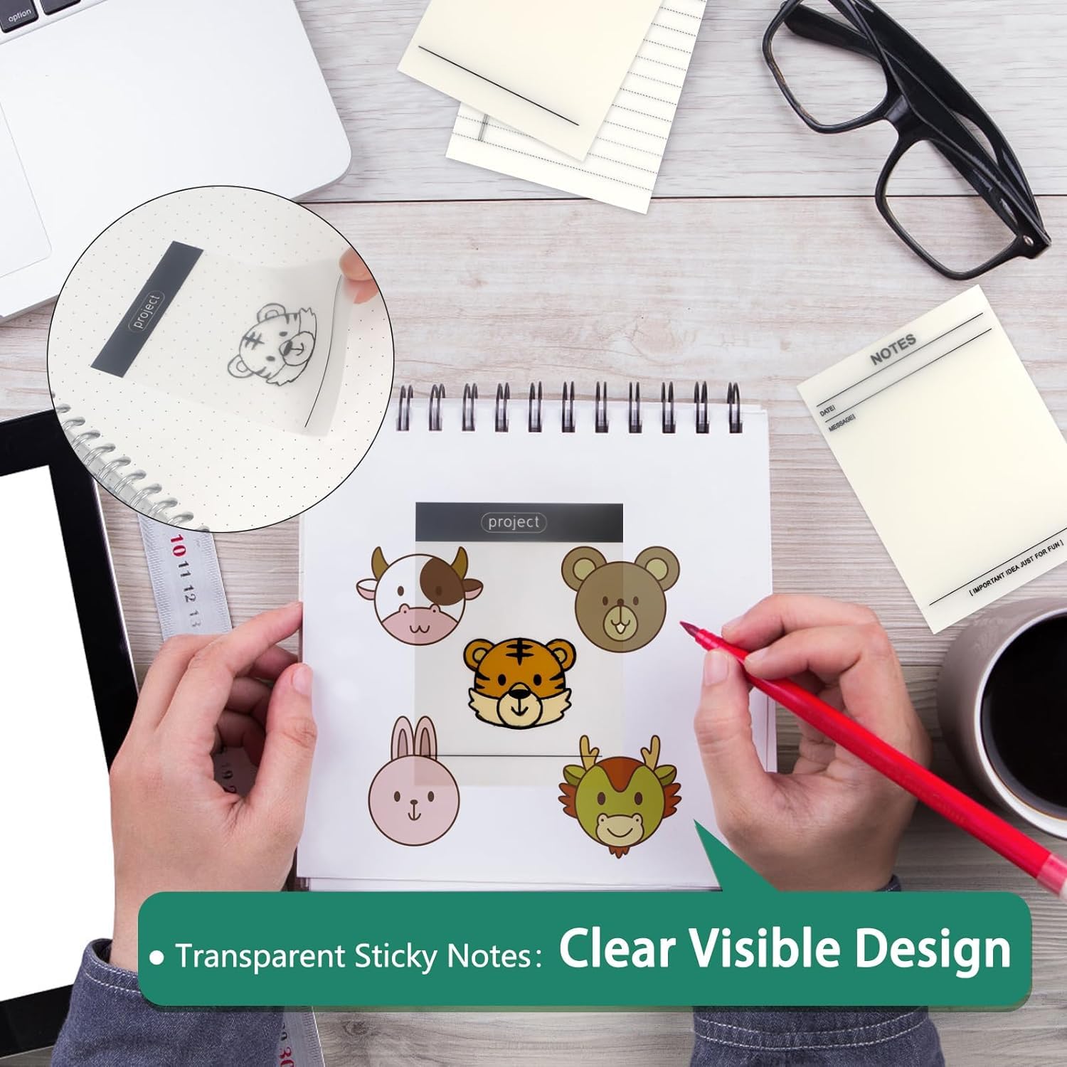 50 Sheets Transparent Sticky Notes, Clear Waterproof Self Adhesive Notebook Lined Sticky Notes