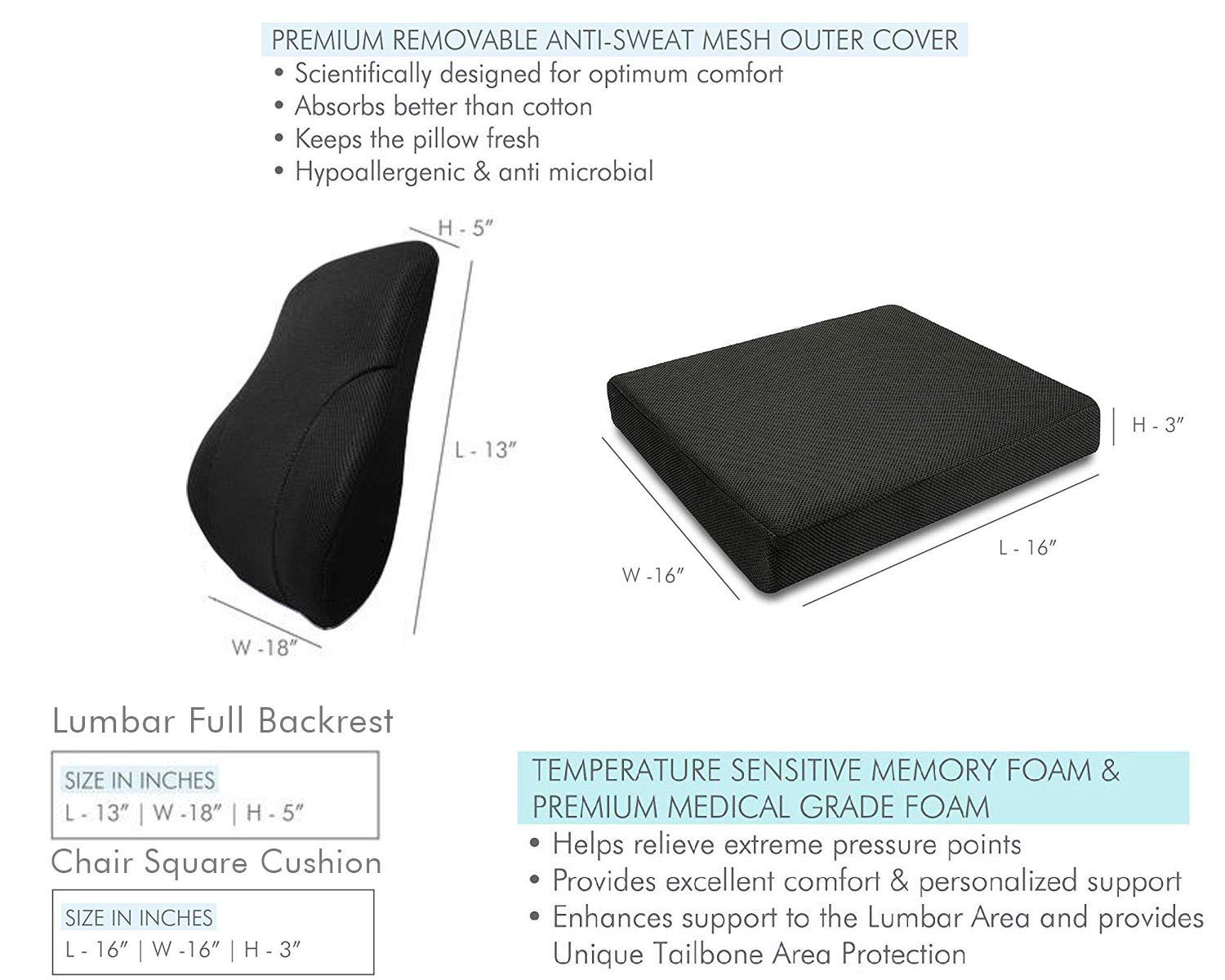 Orthopedic Memory Foam Pillow, High Resilience Chair Seat Pads & Car Cushion, Black & Blue | Lumbar Spine Support Backrest Pillow | Lightweight, Alleviates Lower Back Pain, Combo Pack