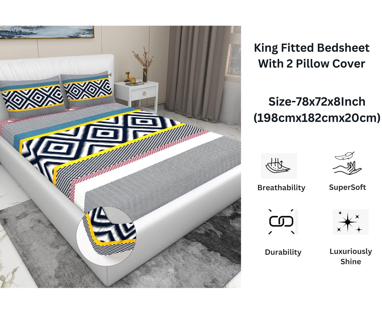 Elastic Fitted Bedsheet For King Size With 2 Pillow Covers - 72 X 78 X 8 Inches, Multicolor | Presents Luxurious Glace Cotton Super Soft 210 Thread Count