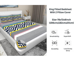 Elastic Fitted Bedsheet For King Size With 2 Pillow Covers - 72 X 78 X 8 Inches, Multicolor | Presents Luxurious Glace Cotton Super Soft 210 Thread Count
