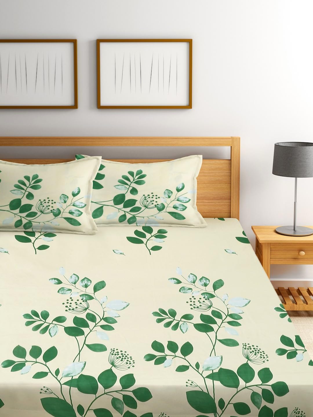 Microfiber Double Bedsheet With 2 Pillow Covers - 85 X 86 Inches, Cream & Green | Normal Hand Wash Or Machine Wash | 144 Thread Count