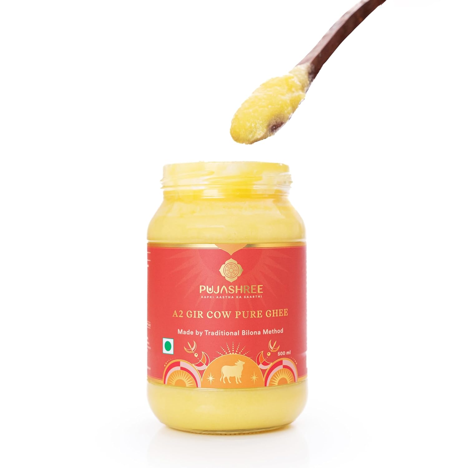 Organic Natural A2 Gir Cow Ghee By Pujashree | Traditional Bilona Method Healthy Pure Desi Ghee Perfect For Diya Deepam | (500ml) 16.9 Ounce | Jar Pack