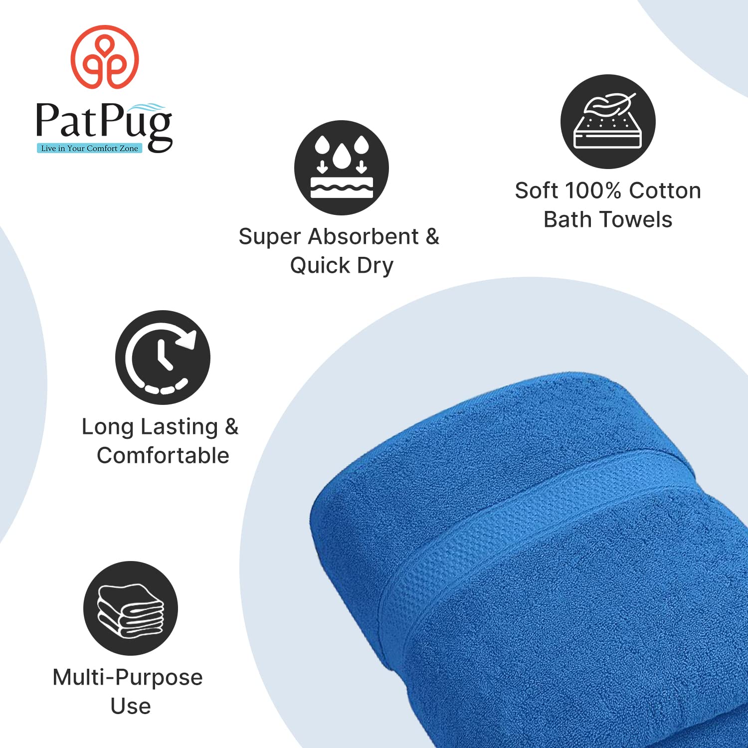 PatPug 100% Indian Ultra Soft Cotton 450 Gsm Bath Towel Large Bath Towel | Highly Absorbent Quick Drying Durable Towel For Men, Women & Kids (Ocean Blue)