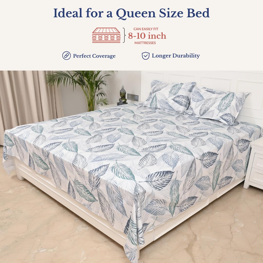 Queen Size Pure Cotton Bedsheet With 2 Pillow Covers | 90 × 100 Inches, Blue & White | Soft Breathable Floral Design Bedding | Comfortable Sleep All Year